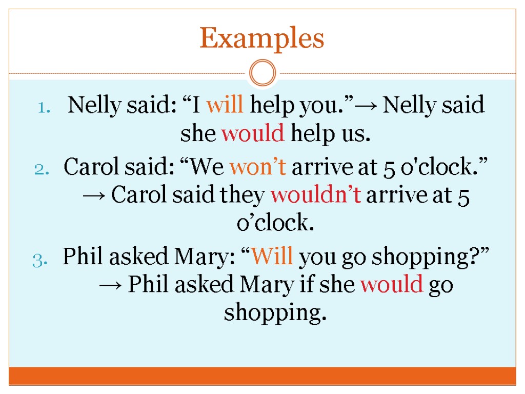 Examples Nelly said: “I will help you.”→ Nelly said she would help us. Carol